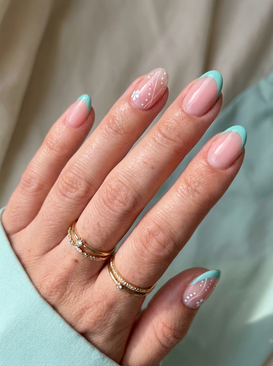 Turquoise French mit weißen Details als Turquoise French Nails Inspiration 2026